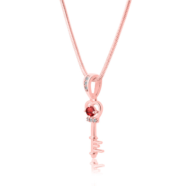 Garnet Gemstone & Diamond Solid 14k Rose Gold Key Pendant