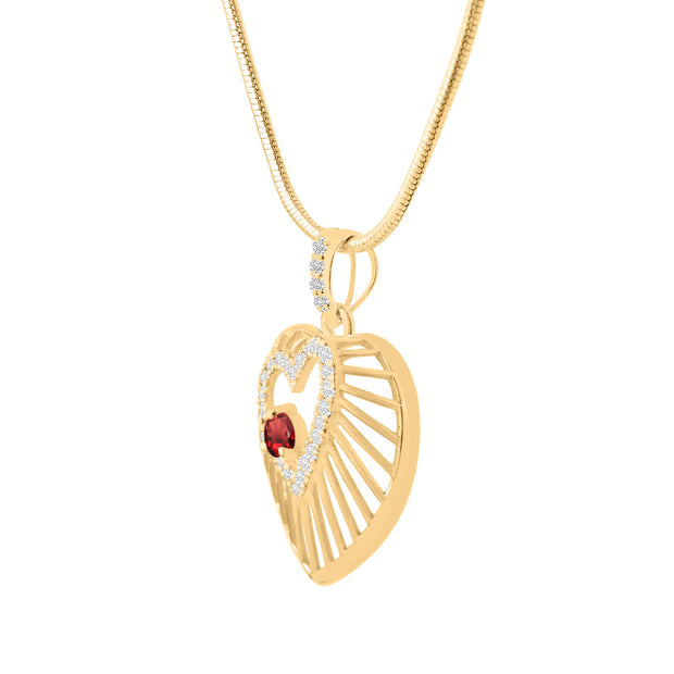 Garnet Gemstone & Diamond Solid 14k Yellow Gold Heart Pendant