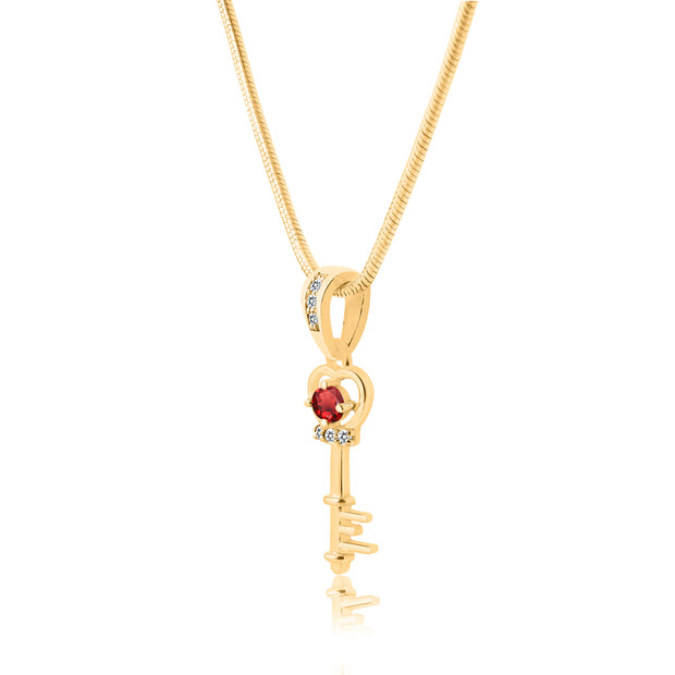 Garnet Gemstone & Diamond Solid 14k Yellow Gold Key Pendant