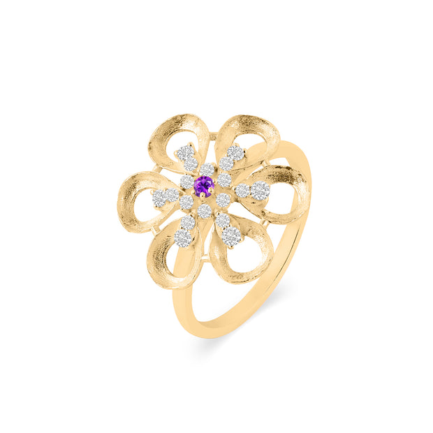 Amethyst Gemstone & Diamond Solid 14k Yellow Gold Ring