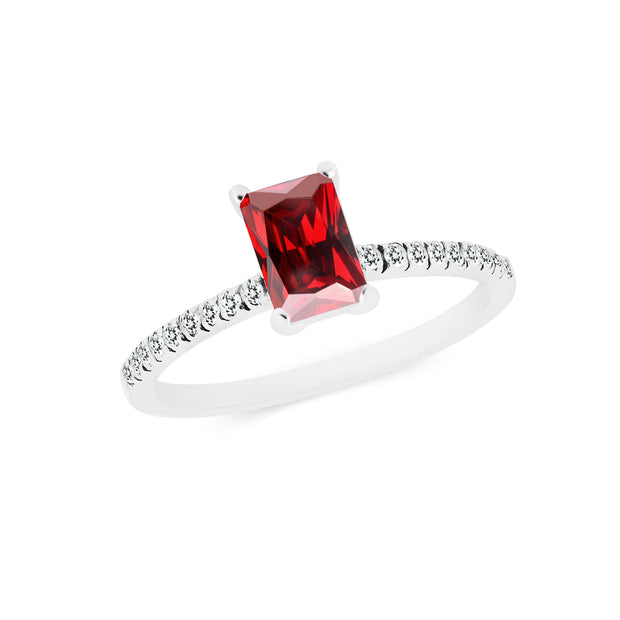 Garnet & Diamond Gemstone Solid 14k White Gold Ring