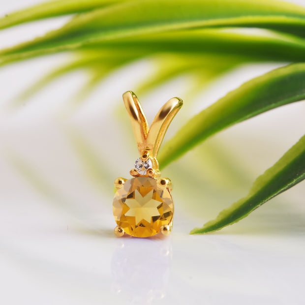 Citrine Gemstone & Diamond Solid 14k Yellow Gold Pendant