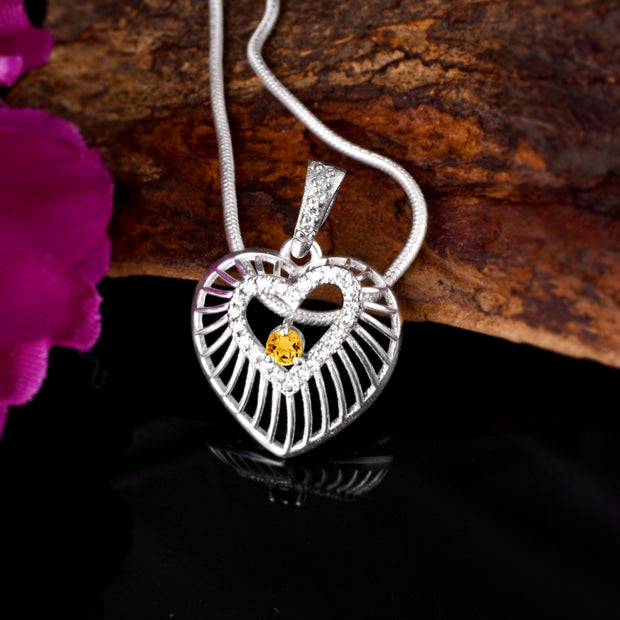 Citrine Gemstone & Diamond Solid 925 Sterling Silver Pendant