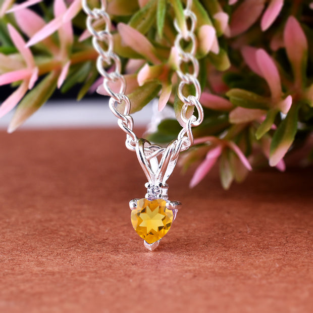 Citrine Gemstone & Diamond Solid 925 Sterling Silver Pendant