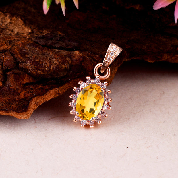 Citrine Gemstone & Diamond Solid 14k Rose Gold Pendant