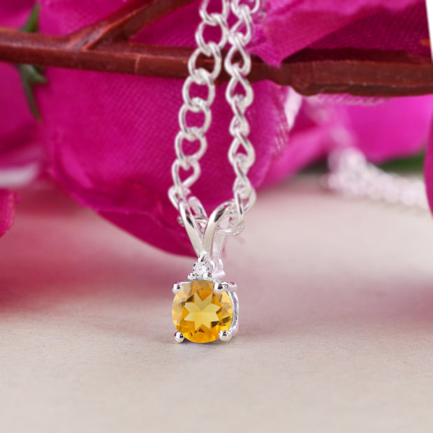 Citrine Gemstone & Diamond Solid 925 Sterling Silver Pendant