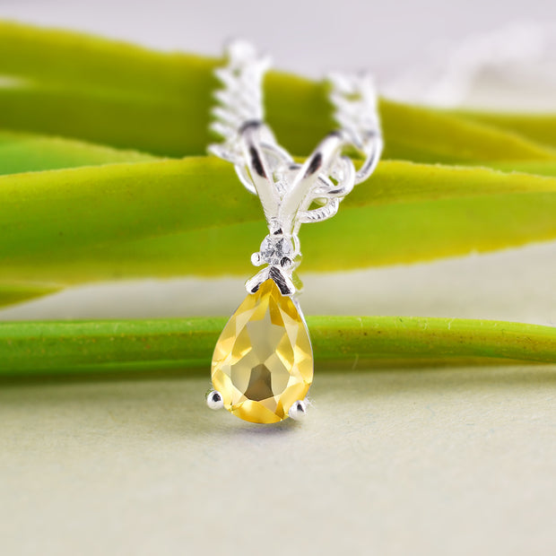 Citrine Gemstone & Diamond Solid 14k White Gold Pendant