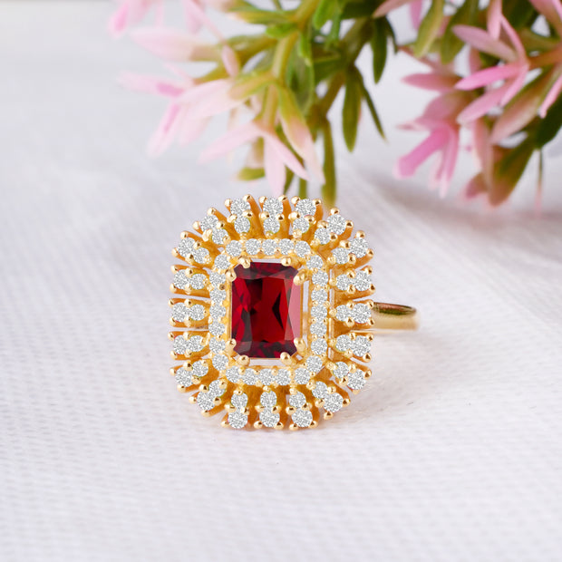 Garnet Gemstone & Diamond Solid 14k Yellow Gold Ring