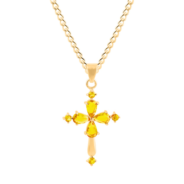 Citrine Gemstone Solid 14k Yellow Gold Cross Pendant