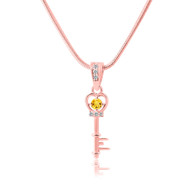 Citrine Gemstone & Diamond Solid 14k Rose Gold Key Pendant