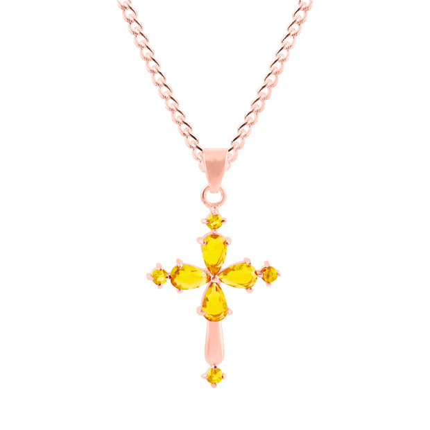 Citrine Gemstone Solid 14k Rose Gold Cross Pendant