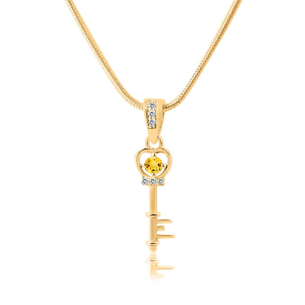 Citrine Gemstone & Diamond Solid 14k Yellow Gold Key Pendant