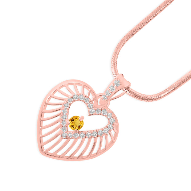 Citrine Gemstone & Diamond Solid 14k Rose Gold Heart Pendant