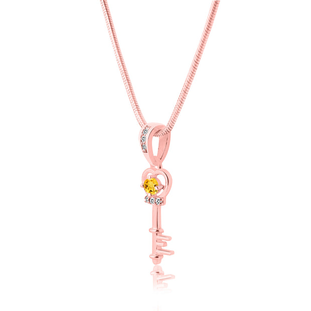 Citrine Gemstone & Diamond Solid 14k Rose Gold Key Pendant