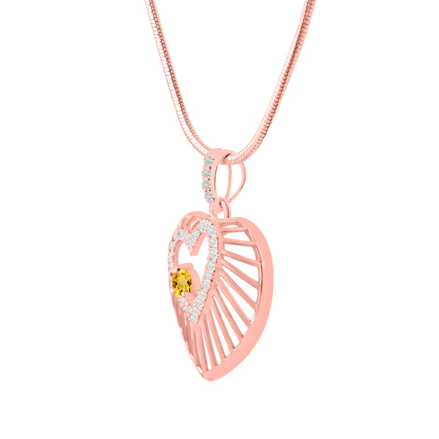 Citrine Gemstone & Diamond Solid 14k Rose Gold Heart Pendant