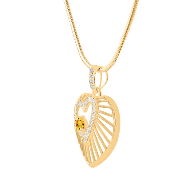 Citrine Gemstone & Diamond Solid 14k Yellow Gold Heart Pendant