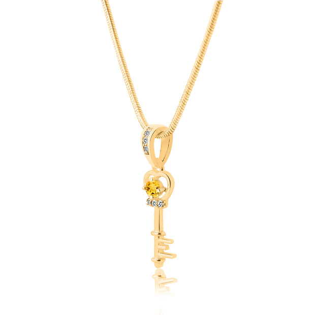 Citrine Gemstone & Diamond Solid 14k Yellow Gold Key Pendant