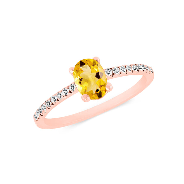 Citrine Gemstone & Diamond Solid 14k Rose Gold Ring