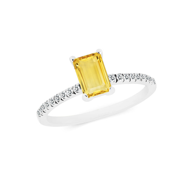 Citrine & Diamond Gemstone Solid 14k White Gold Ring