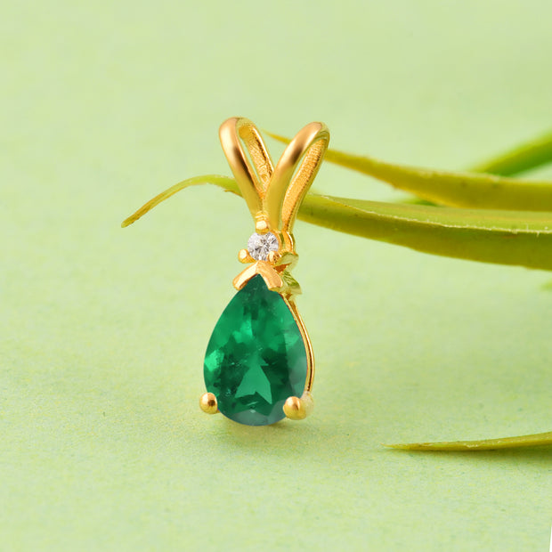 Emerald Gemstone & Diamond Solid 14k Yellow Gold Pendant
