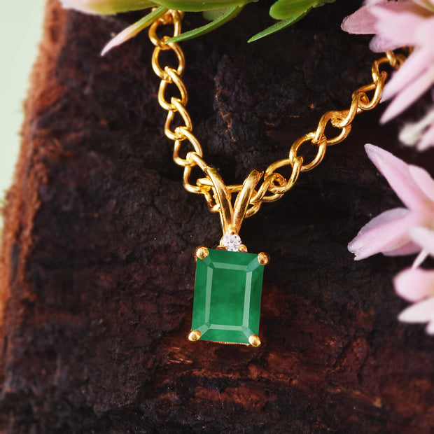 Emerald Gemstone & Diamond Solid 14k Yellow Gold Pendant