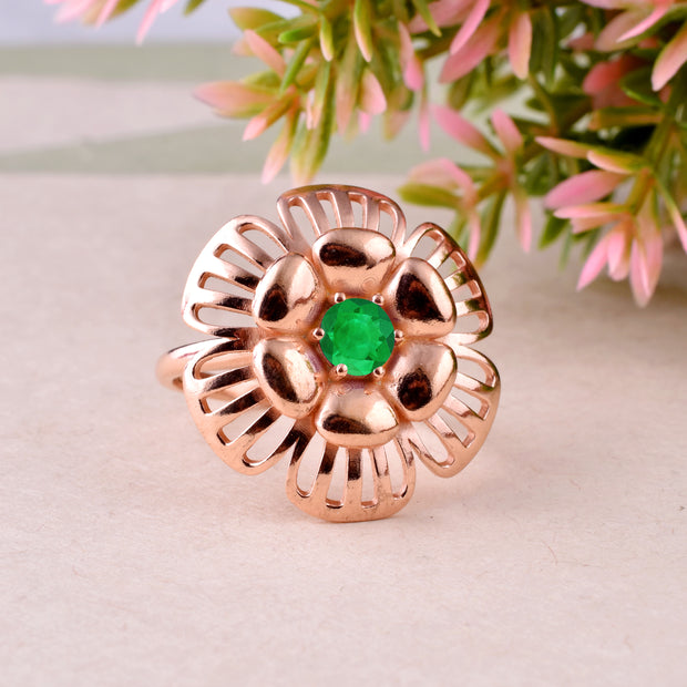 Emerald Gemstone Solid 14k Rose Gold Ring
