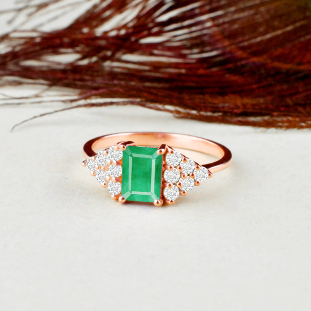 Emerald Gemstone & Diamond Solid 14k Rose Gold Ring