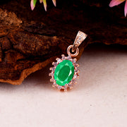 Emerald Gemstone & Diamond Solid 14k Rose Gold Pendant