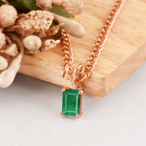 Emerald Gemstone & Diamond Solid 14k Rose Gold Pendant
