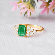 Emerald Gemstone & Diamond Solid 14k Yellow Gold Ring
