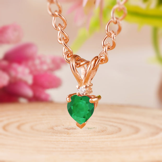 Emerald Gemstone & Diamond Solid 14k Rose Gold Pendant