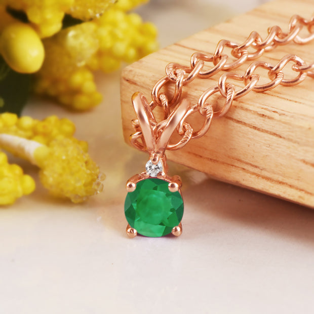 Emerald Gemstone & Diamond Solid 14k Rose Gold Pendant