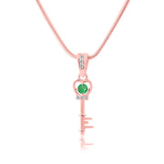 Emerald Gemstone & Diamond Solid 14k Rose Gold Key Pendant