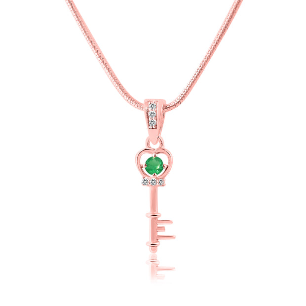 Emerald Gemstone & Diamond Solid 14k Rose Gold Key Pendant