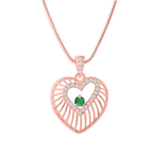 Emerald Gemstone & Diamond Solid 14k Rose Gold Heart Pendant