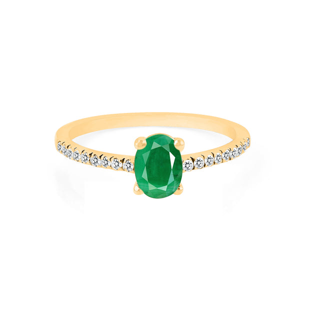 Emerald Gemstone & Diamond Solid 14k Yellow Gold Ring