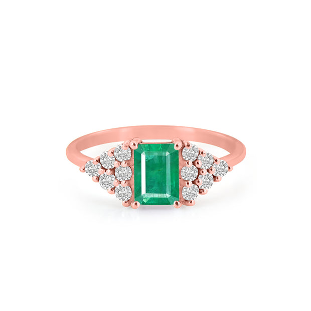 Emerald Gemstone & Diamond Solid 14k Rose Gold Ring