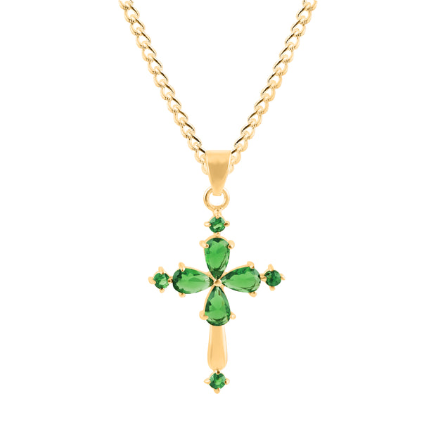 Emerald Gemstone Solid 14k Yellow Gold Cross Pendant