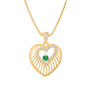 Emerald Gemstone & Diamond Solid 14k Yellow Gold Heart Pendant