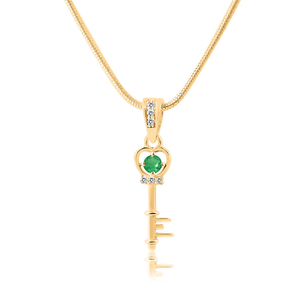 Emerald Gemstone & Diamond Solid 14k Yellow Gold Key Pendant