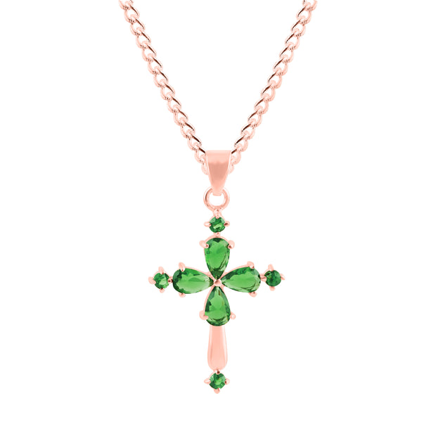 Emerald Gemstone Solid 14k Rose Gold Cross Pendant