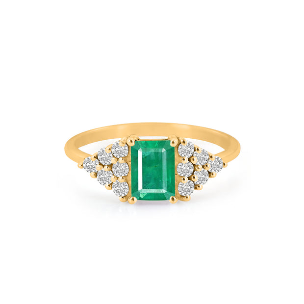 Emerald Gemstone & Diamond Solid 14k Yellow Gold Ring
