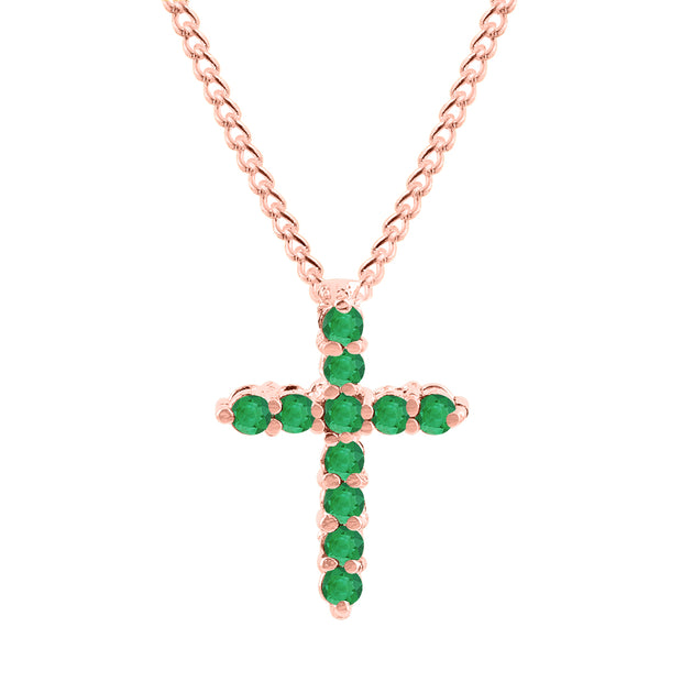 Emerald Gemstone Solid 14k Rose Gold Cross Pendant
