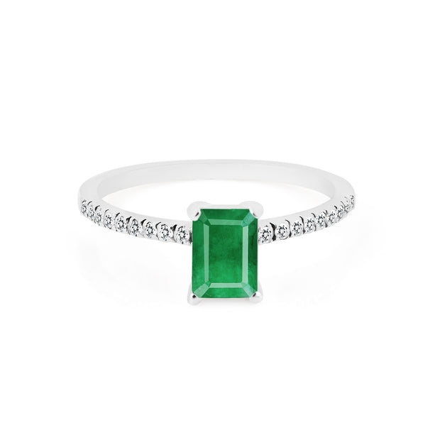Emerald & Diamond Gemstone Solid 14k White Gold Ring