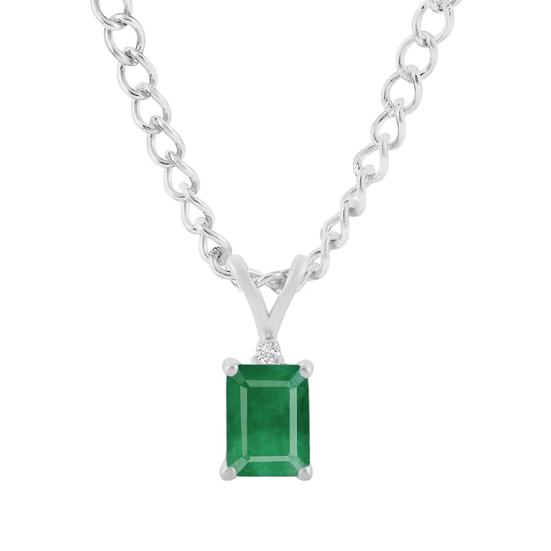 Emerald Gemstone & Diamond Solid 14k White Gold Pendant