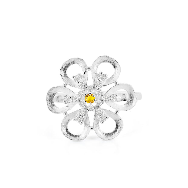 Citrine Gemstone & Diamond Solid 14k White Gold Ring