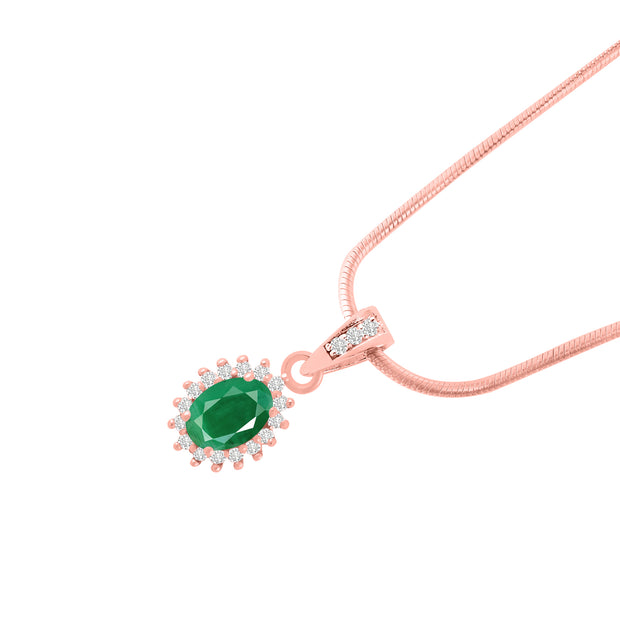 Emerald Gemstone & Diamond Solid 14k Rose Gold Pendant