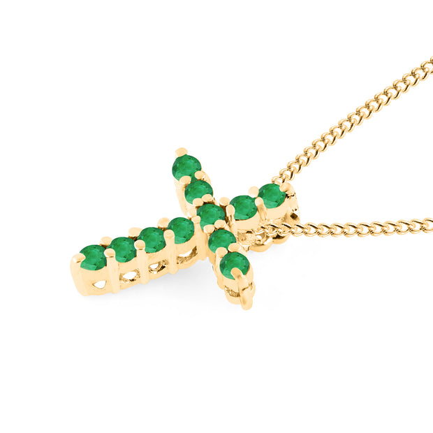 Emerald Gemstone Solid 14k Yellow Gold Cross Pendant