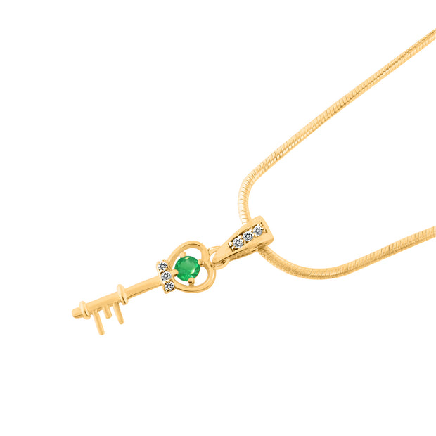 Emerald Gemstone & Diamond Solid 14k Yellow Gold Key Pendant