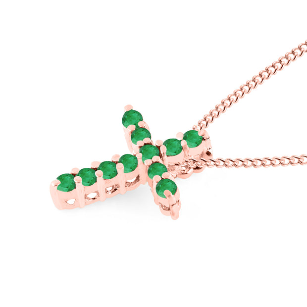 Emerald Gemstone Solid 14k Rose Gold Cross Pendant